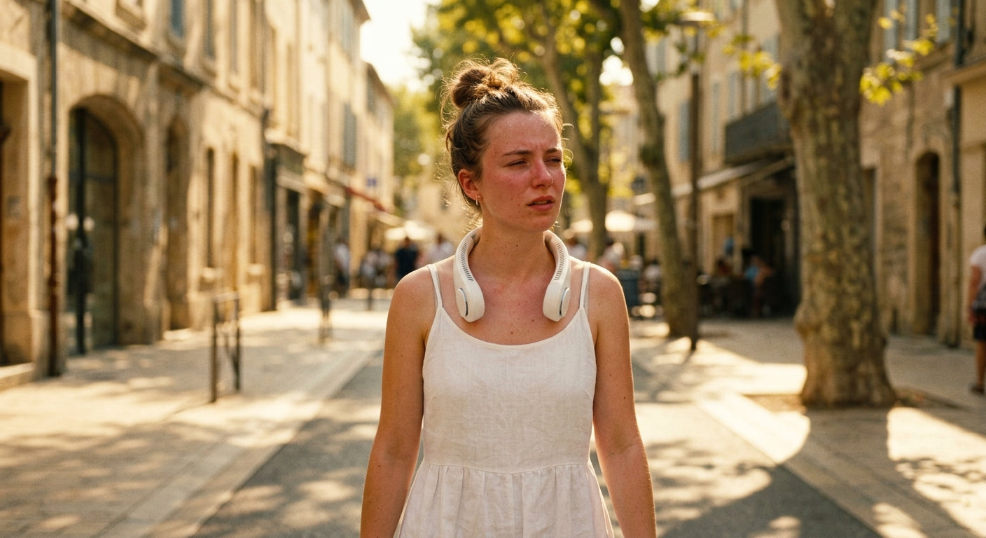 Femme qui souffre de la chaleur dans une rue du Sud de la France