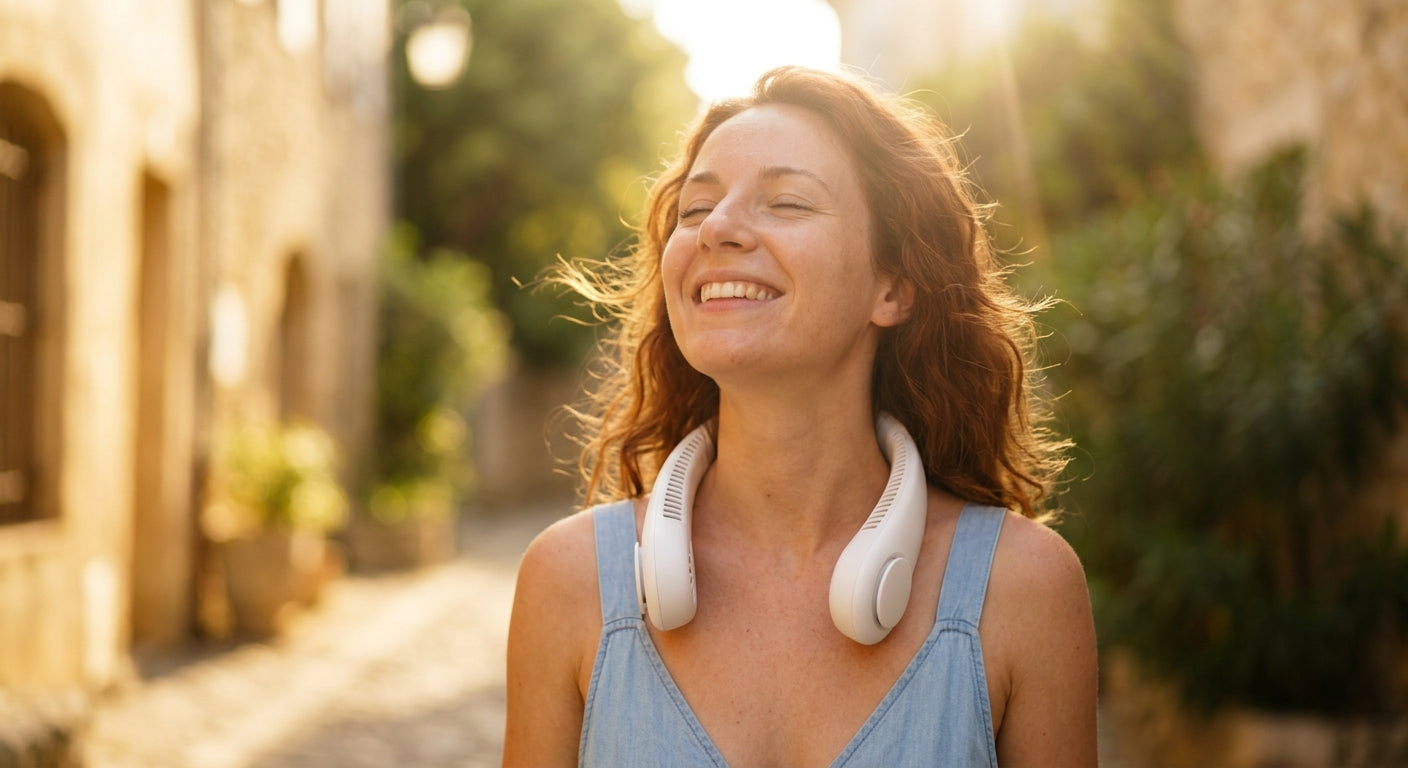 Femme souriante fraîche grâce au ventilateur tour du cou Hypertek