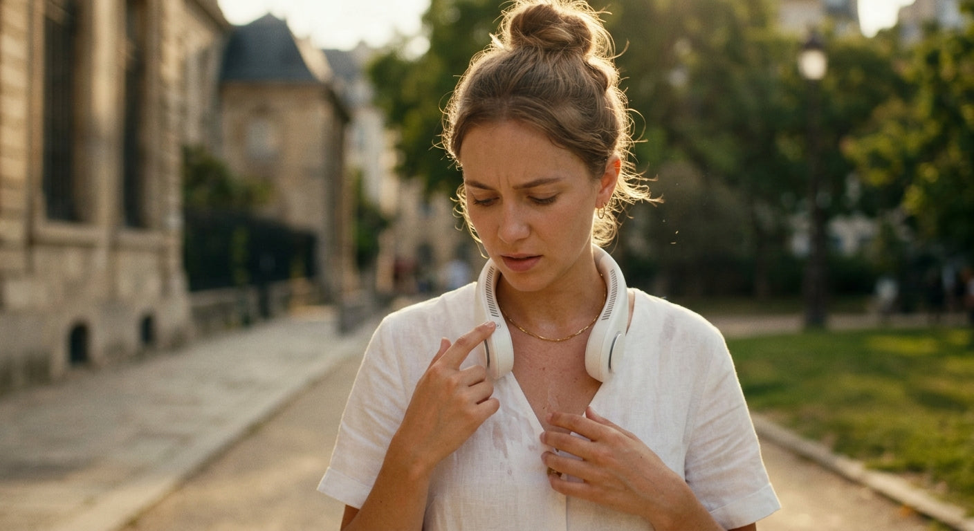 Femme qui active son ventilateur tour du cou Hypertek