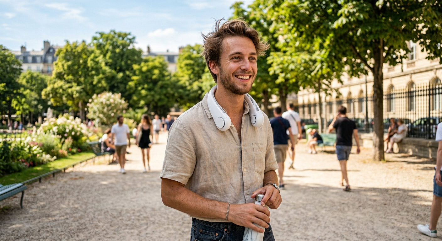 Jeune homme portant le ventilateur tour du cou Hypertek dans un parc parisien