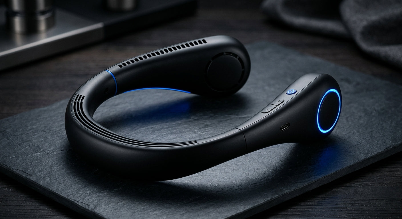 Ventilateur tour du cou sans pale noir éclairage bleu USB-C